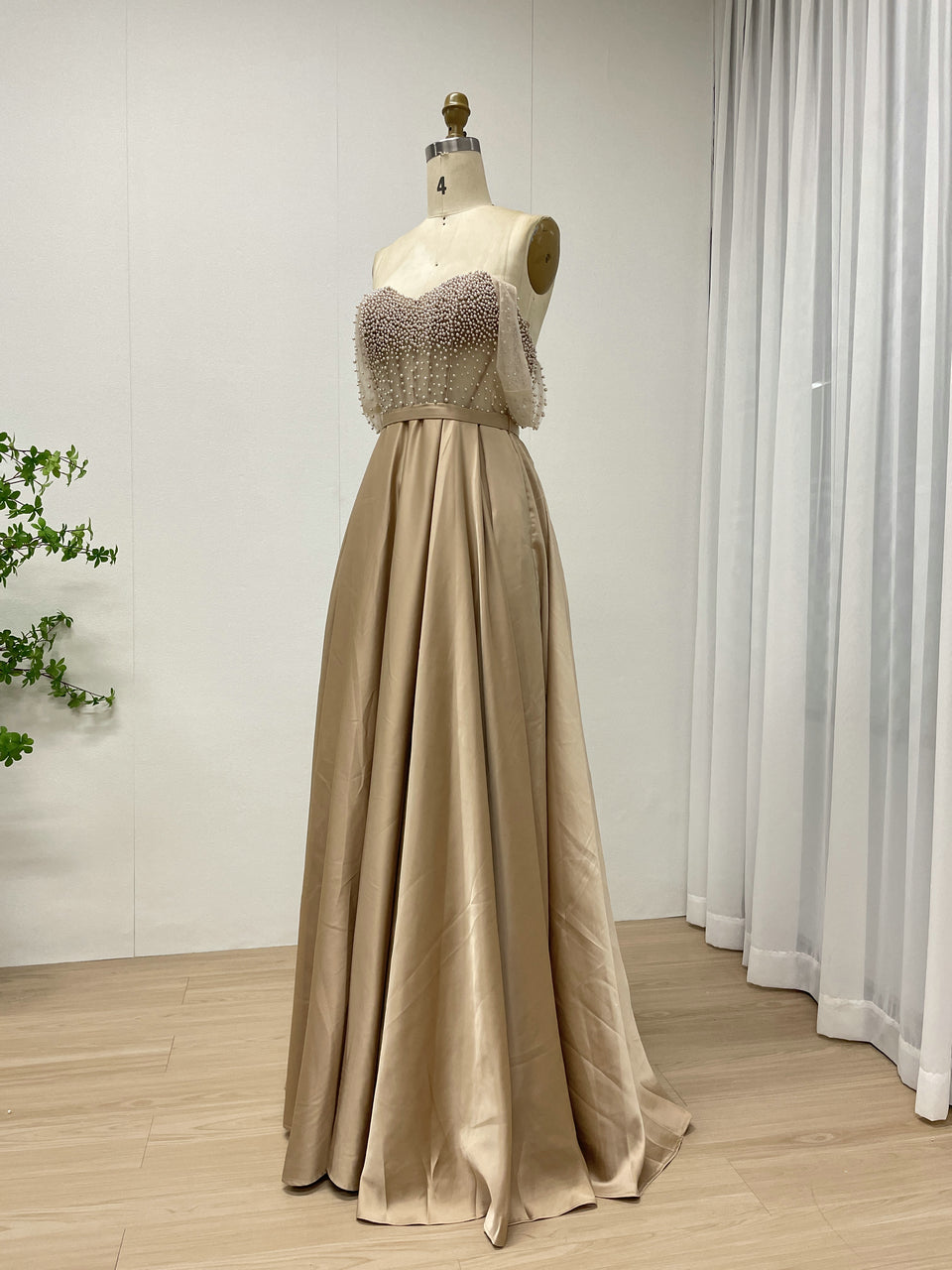 Pink Strapless Beaded Bodice A-Line Evening Dress Satin Skirt Formal Prom MY30150