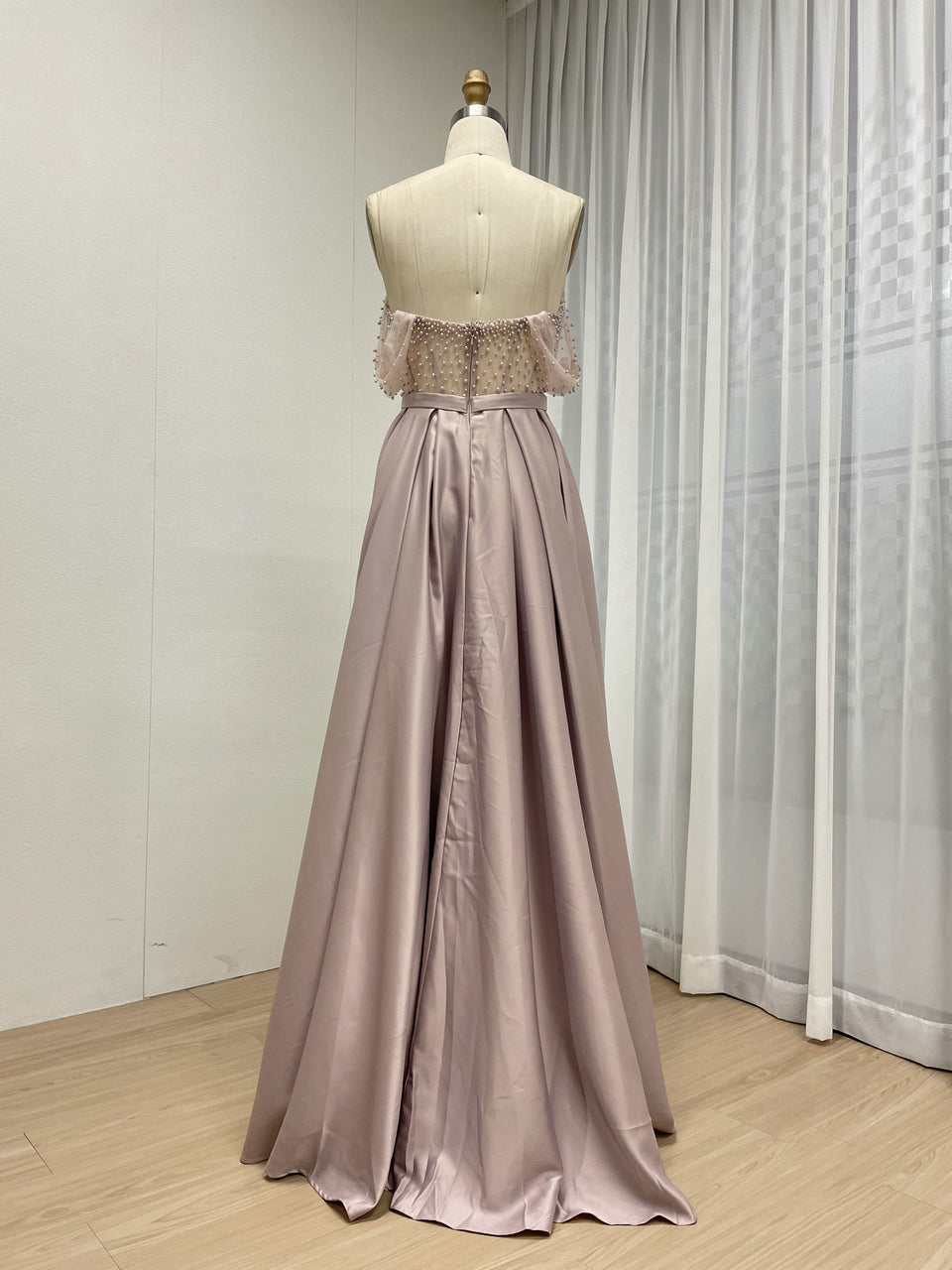 Pink Strapless Beaded Bodice A-Line Evening Dress Satin Skirt Formal Prom MY30150