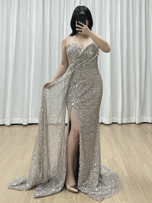 Sparkling Silver Sequin Strapless Slit Evening Gown Glamorous Formal Dress MY30152