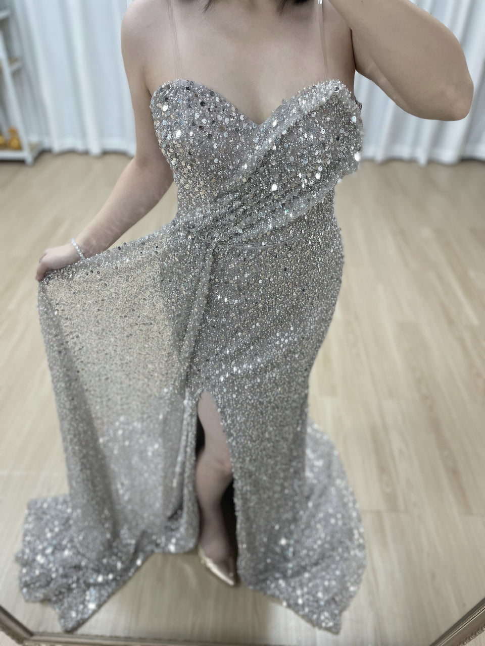 Sparkling Silver Sequin Strapless Slit Evening Gown Glamorous Formal Dress MY30152
