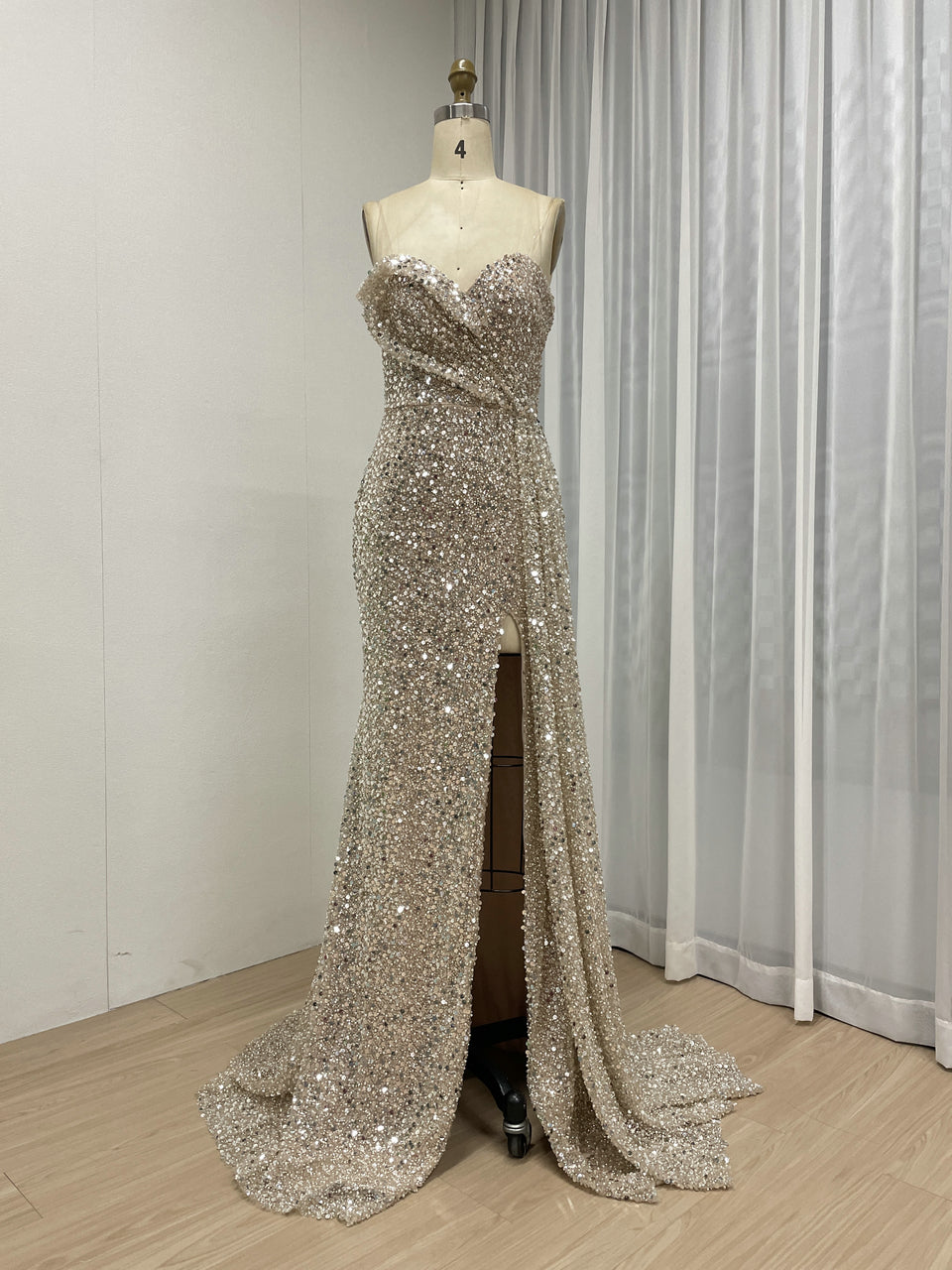 Sparkling Silver Sequin Strapless Slit Evening Gown Glamorous Formal Dress MY30152