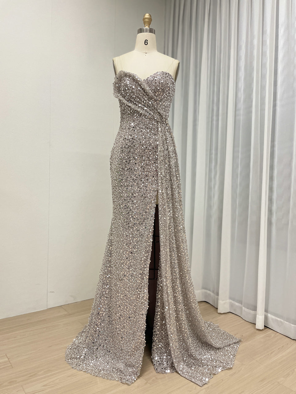 Sparkling Silver Sequin Strapless Slit Evening Gown Glamorous Formal Dress MY30152