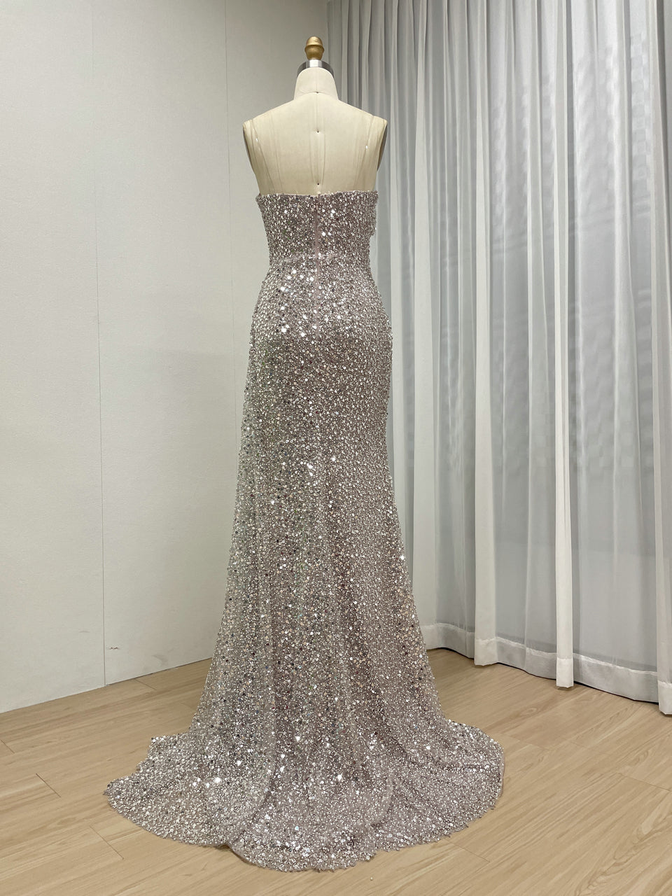 Sparkling Silver Sequin Strapless Slit Evening Gown Glamorous Formal Dress MY30152