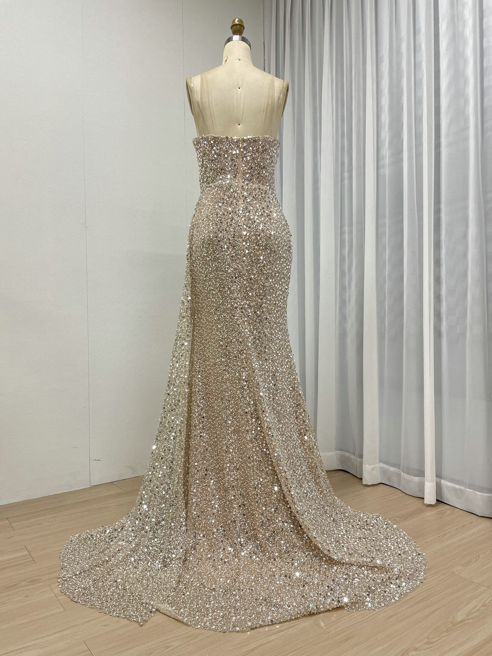 Sparkling Silver Sequin Strapless Slit Evening Gown Glamorous Formal Dress MY30152