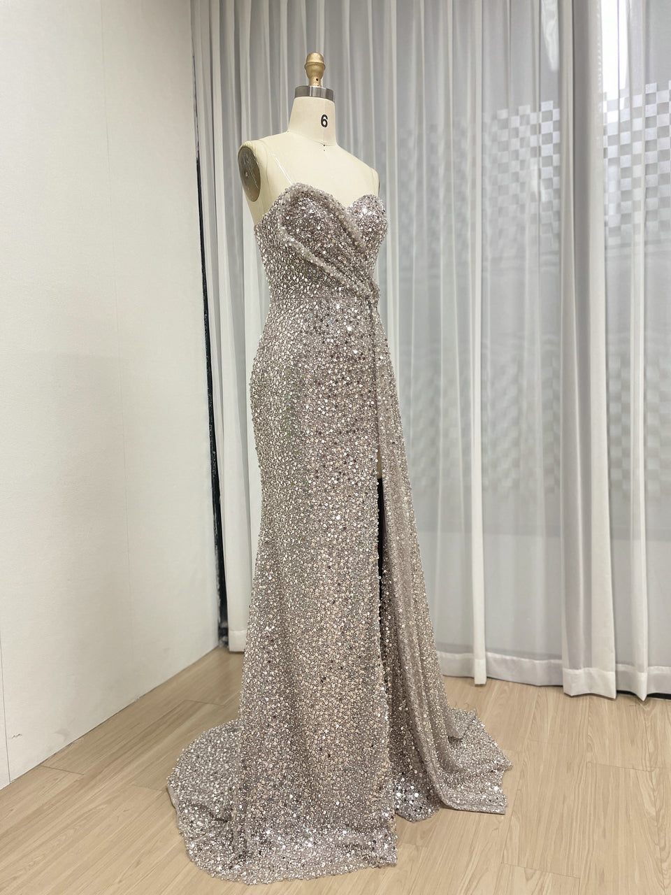 Sparkling Silver Sequin Strapless Slit Evening Gown Glamorous Formal Dress MY30152