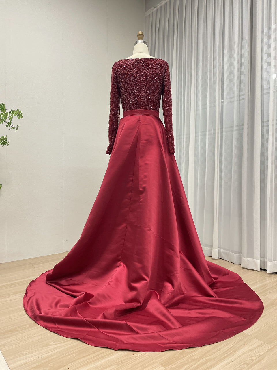 Glamorous Crystal Embroidered Long Sleeve Evening Gown Square Neck Overskirt Dramatic Train MY30153