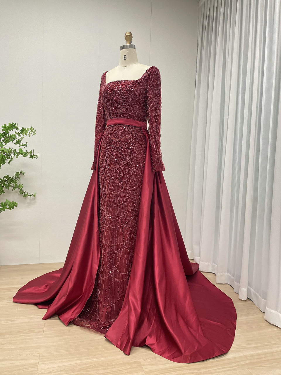 Glamorous Crystal Embroidered Long Sleeve Evening Gown Square Neck Overskirt Dramatic Train MY30153