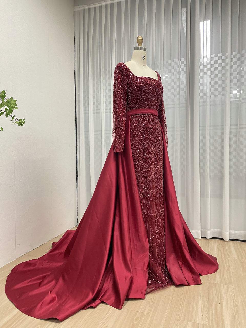 Glamorous Crystal Embroidered Long Sleeve Evening Gown Square Neck Overskirt Dramatic Train MY30153