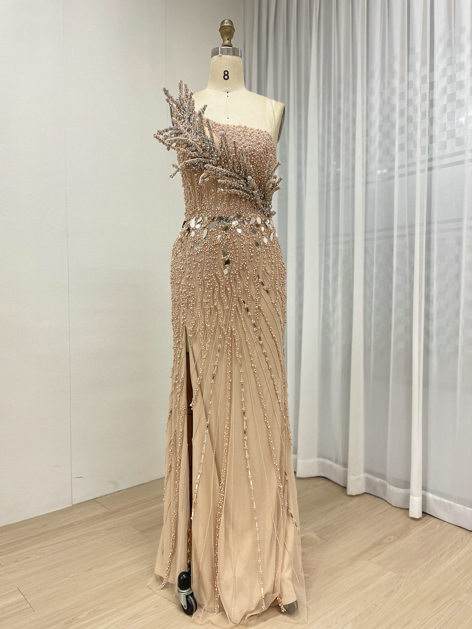 Stunning Champagne Prom Dress with Flower Accent Slit Skirt Beadwork Elegance MY30154