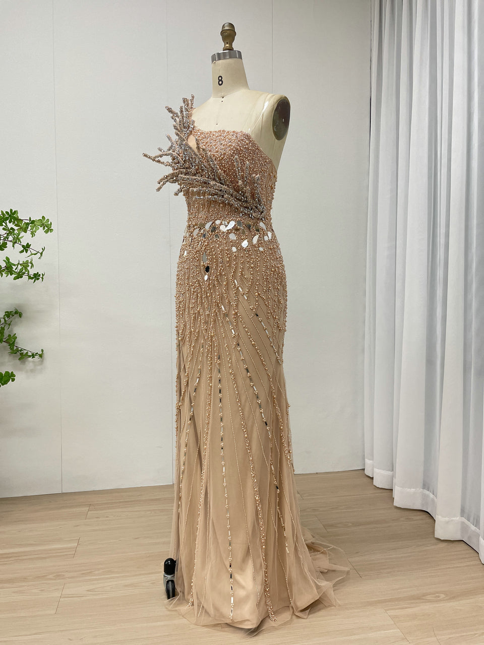 Stunning Champagne Prom Dress with Flower Accent Slit Skirt Beadwork Elegance MY30154