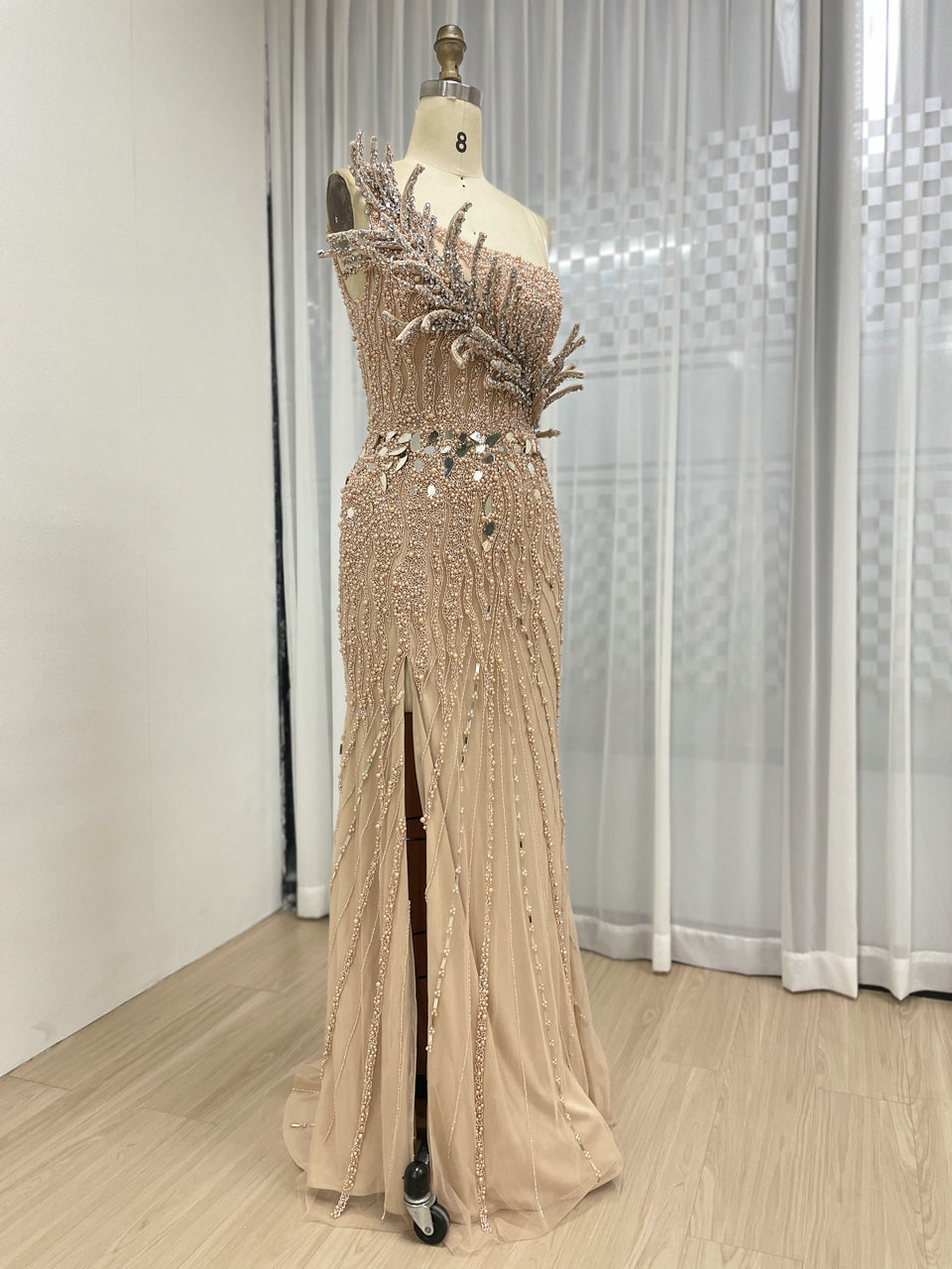 Stunning Champagne Prom Dress with Flower Accent Slit Skirt Beadwork Elegance MY30154