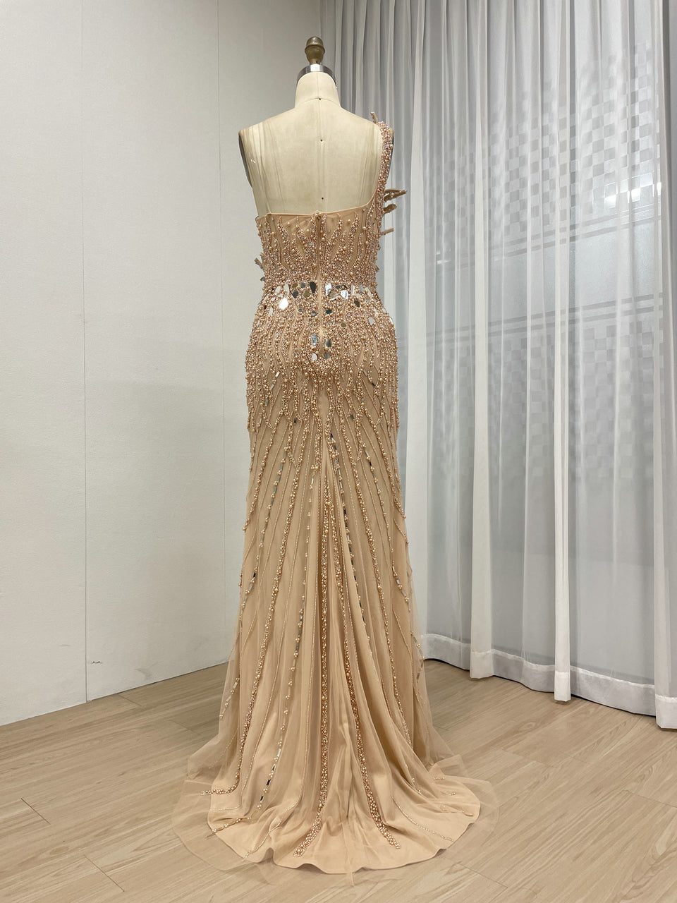 Stunning Champagne Prom Dress with Flower Accent Slit Skirt Beadwork Elegance MY30154