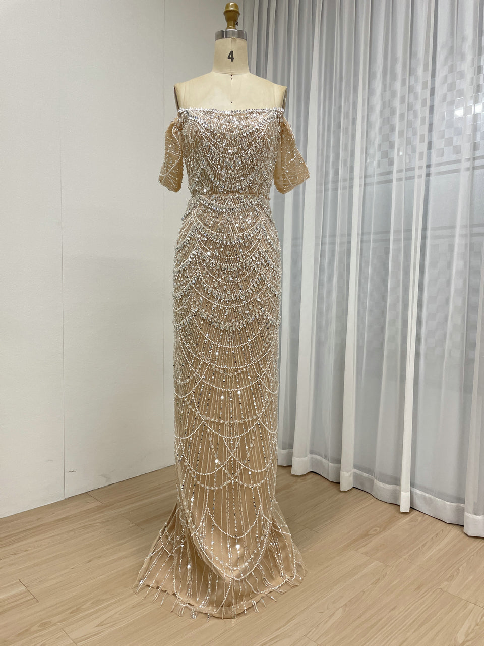 Champagne Beaded Champagne Mermaid Gown with Off-Shoulder Sleeves MY30157
