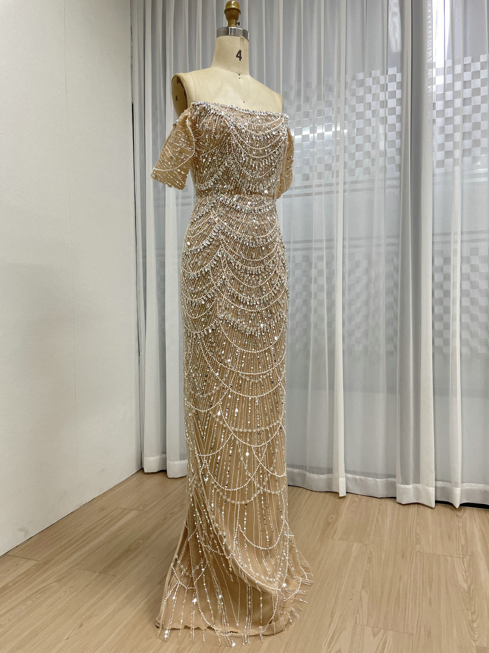 Champagne Beaded Champagne Mermaid Gown with Off-Shoulder Sleeves MY30157
