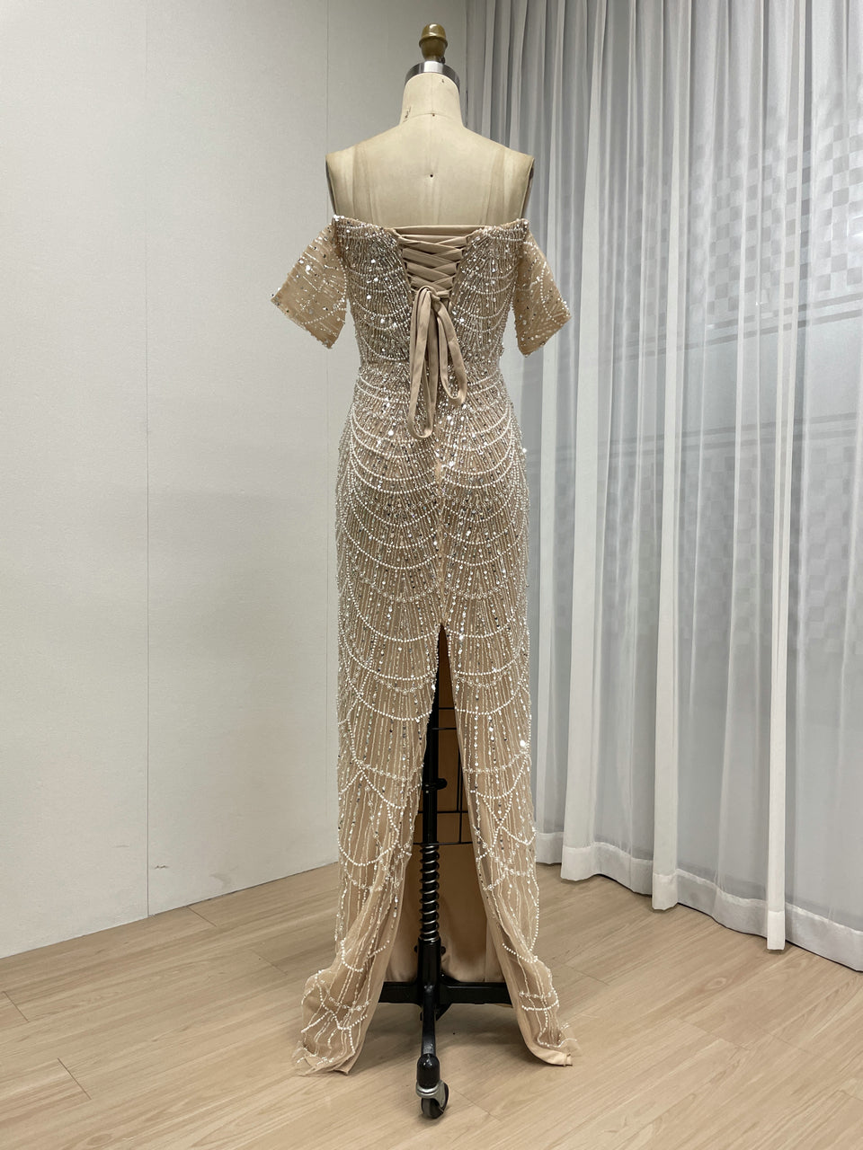 Champagne Beaded Champagne Mermaid Gown with Off-Shoulder Sleeves MY30157