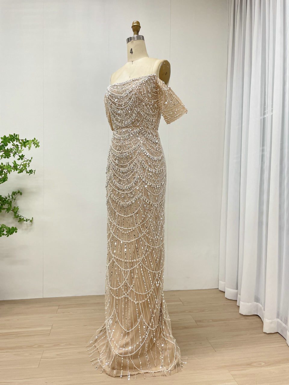 Champagne Beaded Champagne Mermaid Gown with Off-Shoulder Sleeves MY30157
