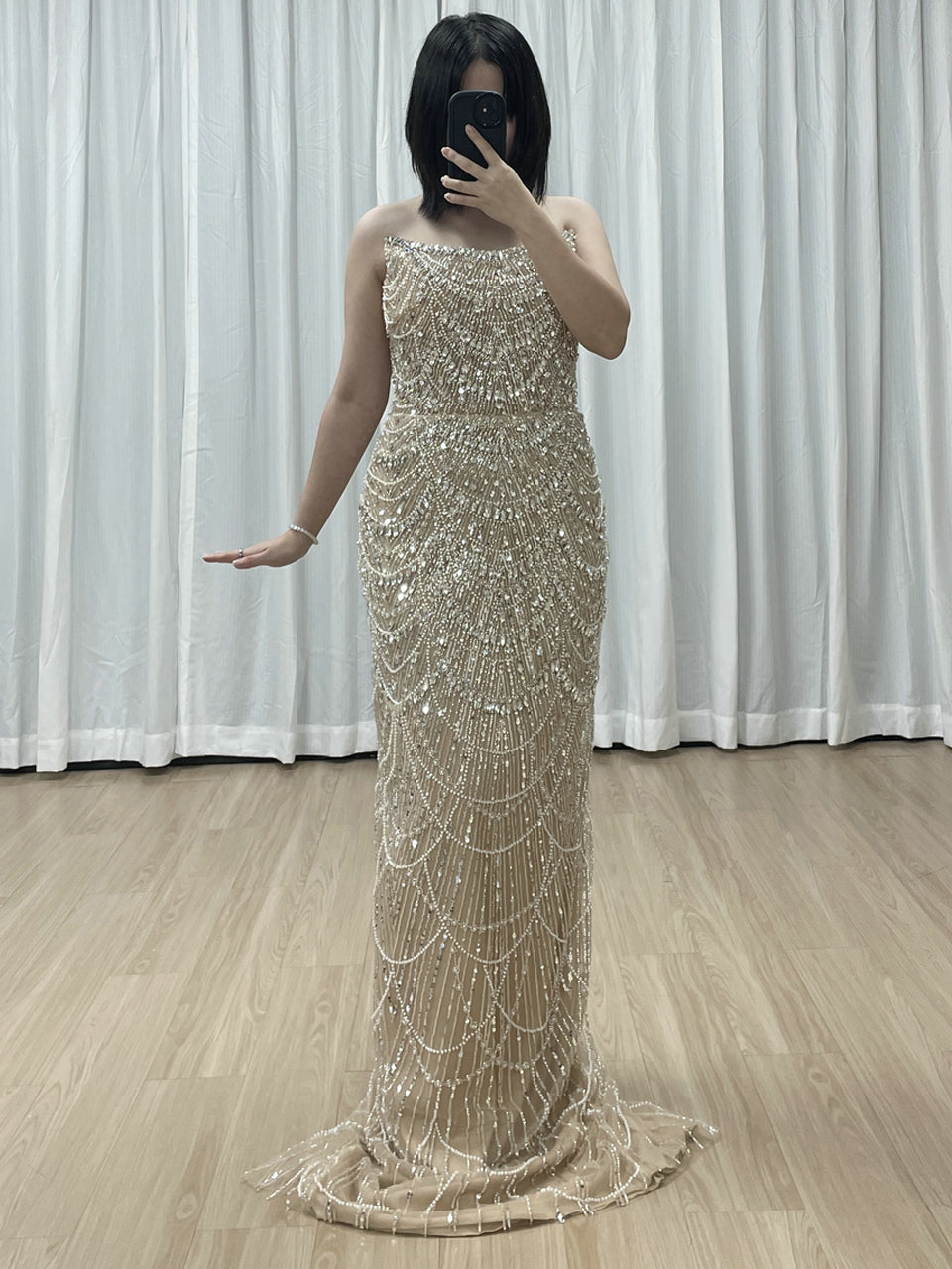 Champagne Beaded Champagne Mermaid Gown with Off-Shoulder Sleeves MY30157