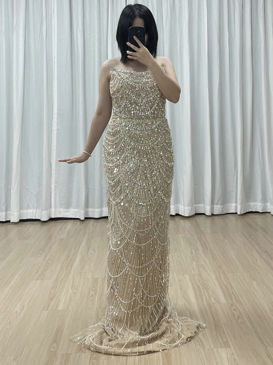 Champagne Beaded Champagne Mermaid Gown with Off-Shoulder Sleeves MY30157