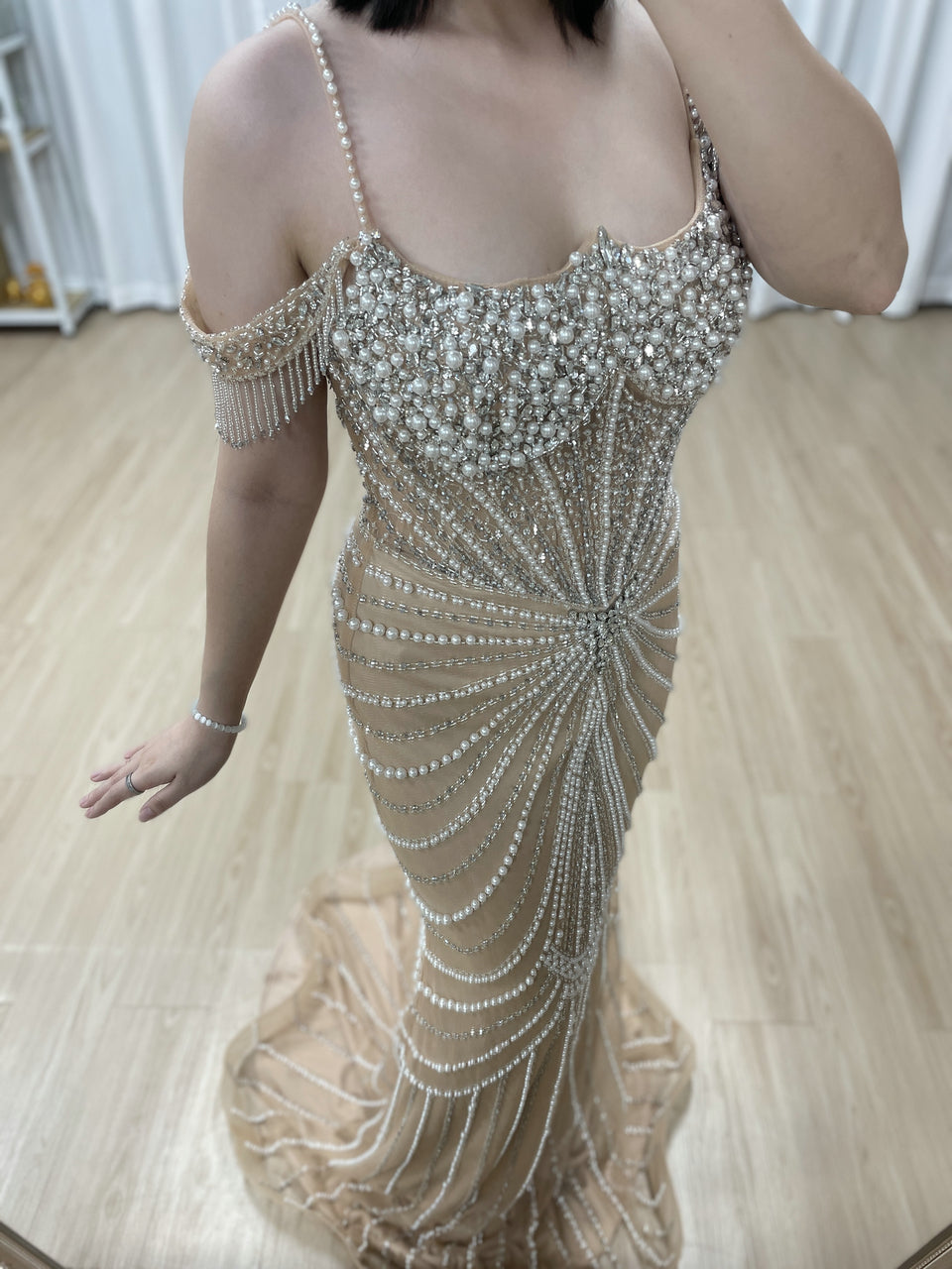 Chic Champagne Evening Gown with Beaded Layers Mermaid Fit MY30160