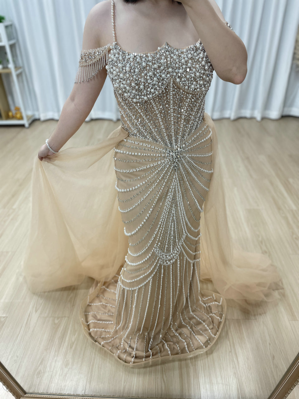 Chic Champagne Evening Gown with Beaded Layers Mermaid Fit MY30160