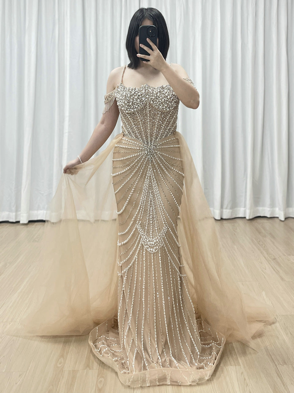 Chic Champagne Evening Gown with Beaded Layers Mermaid Fit MY30160