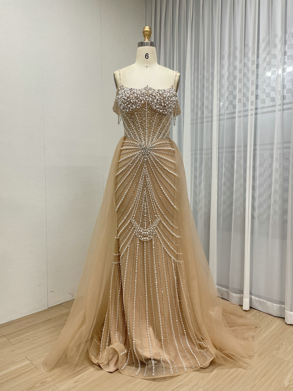 Chic Champagne Evening Gown with Beaded Layers Mermaid Fit MY30160