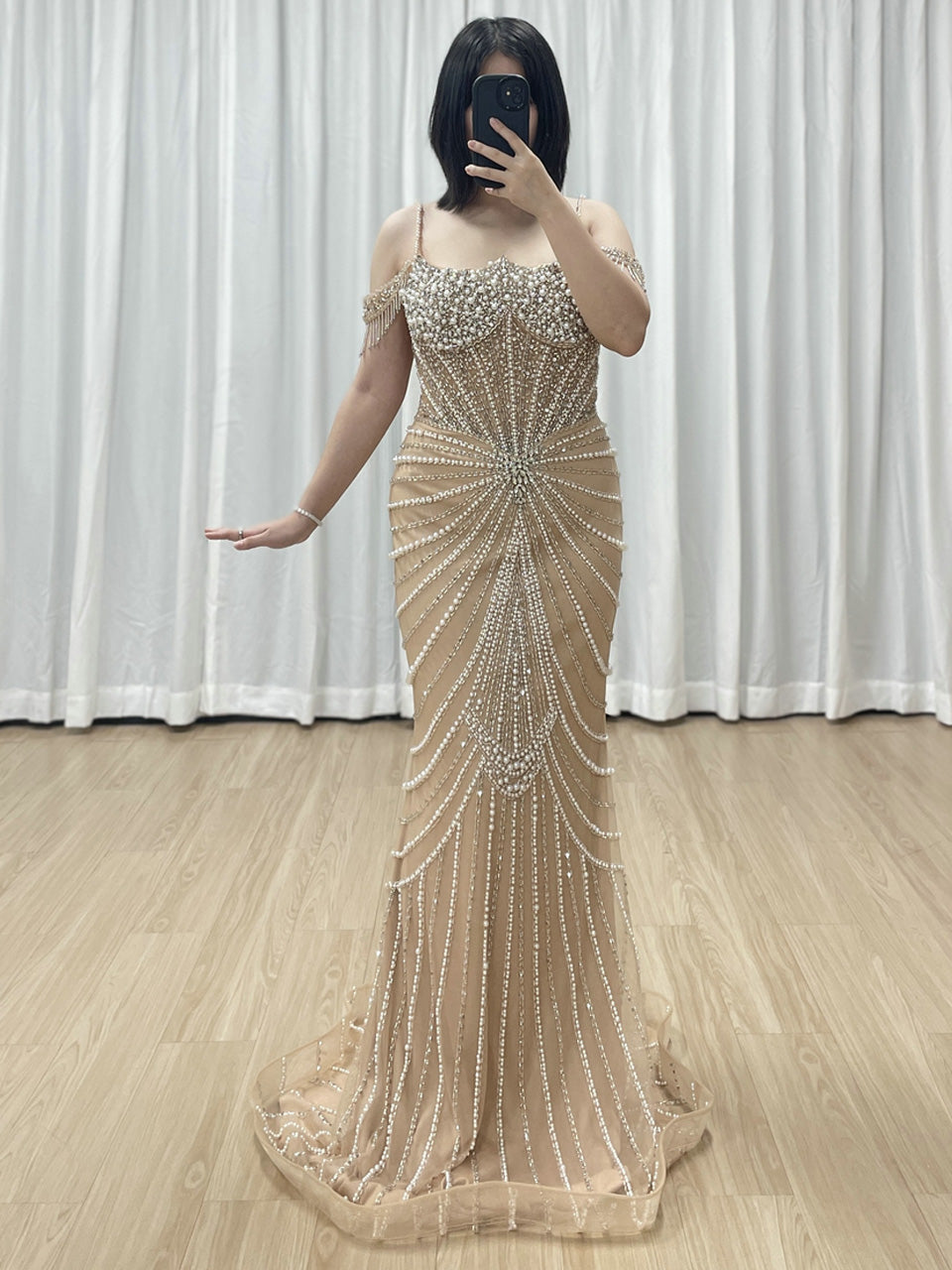Chic Champagne Evening Gown with Beaded Layers Mermaid Fit MY30160
