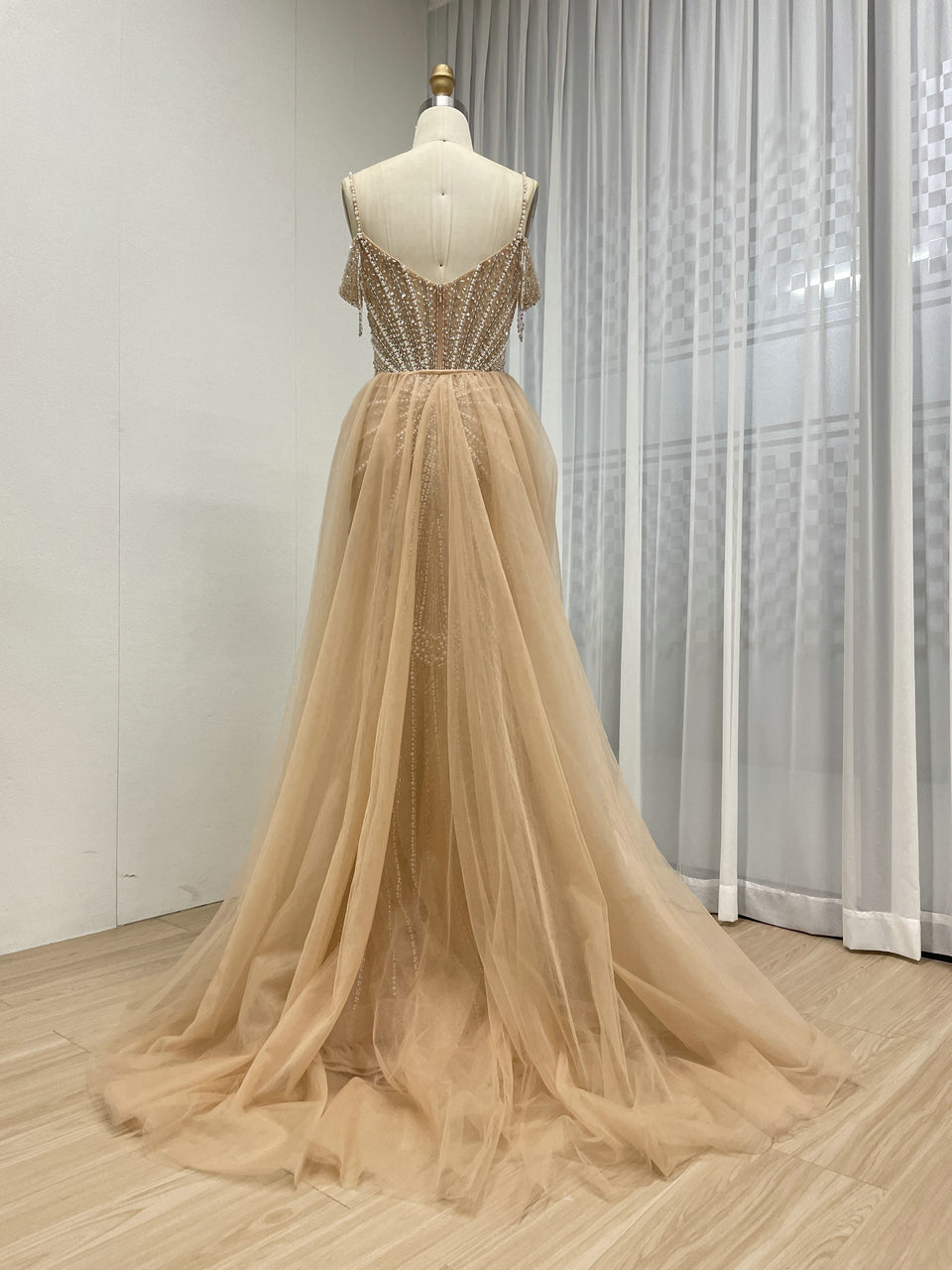 Chic Champagne Evening Gown with Beaded Layers Mermaid Fit MY30160