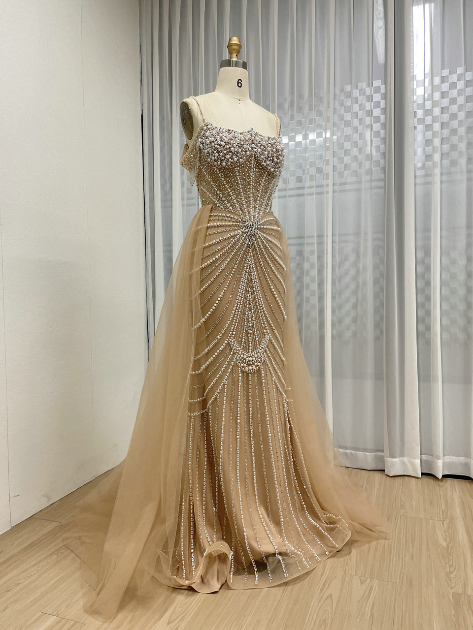 Chic Champagne Evening Gown with Beaded Layers Mermaid Fit MY30160