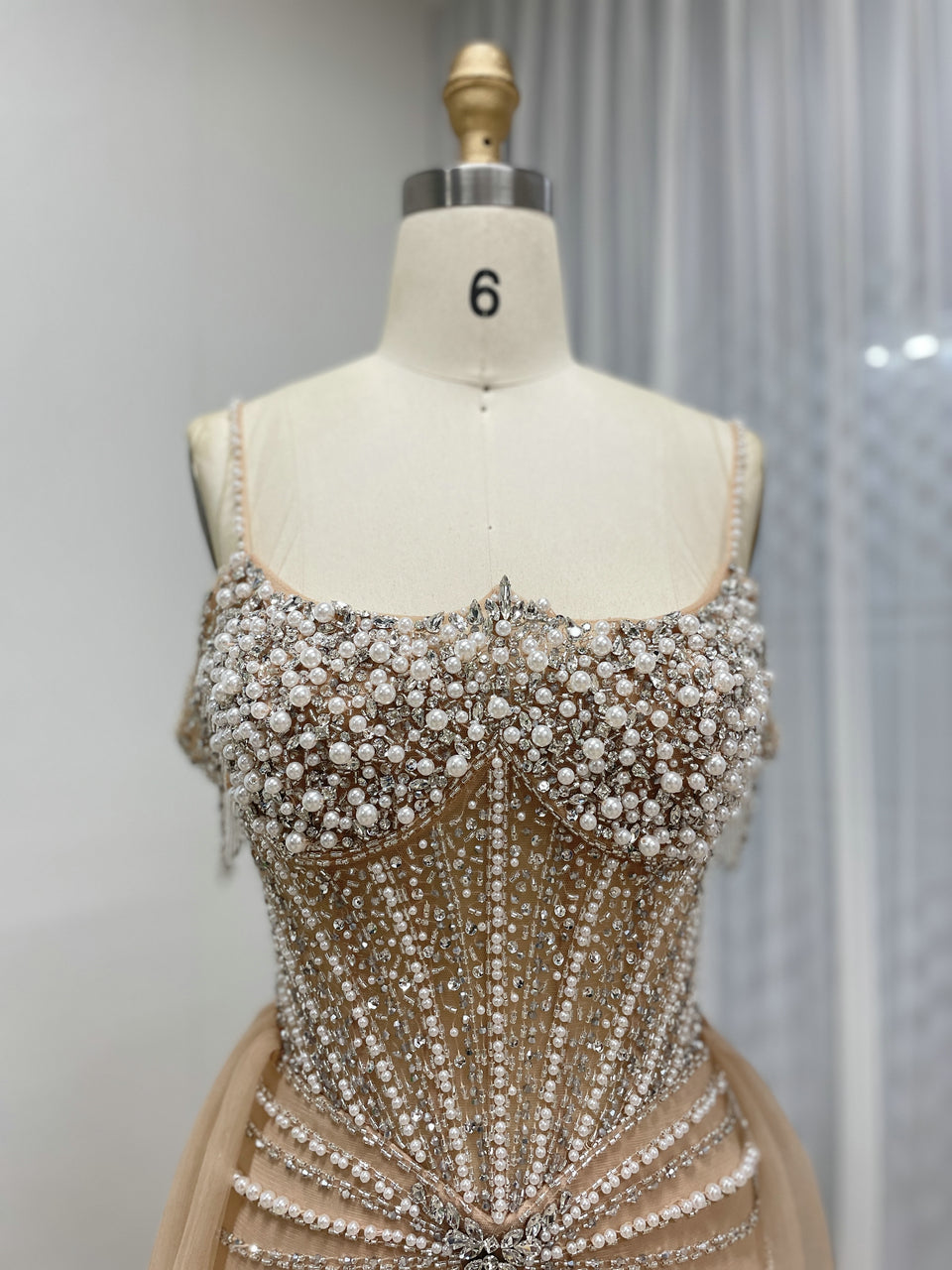 Chic Champagne Evening Gown with Beaded Layers Mermaid Fit MY30160