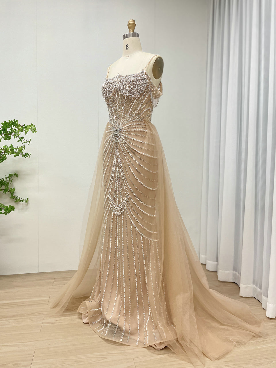Chic Champagne Evening Gown with Beaded Layers Mermaid Fit MY30160