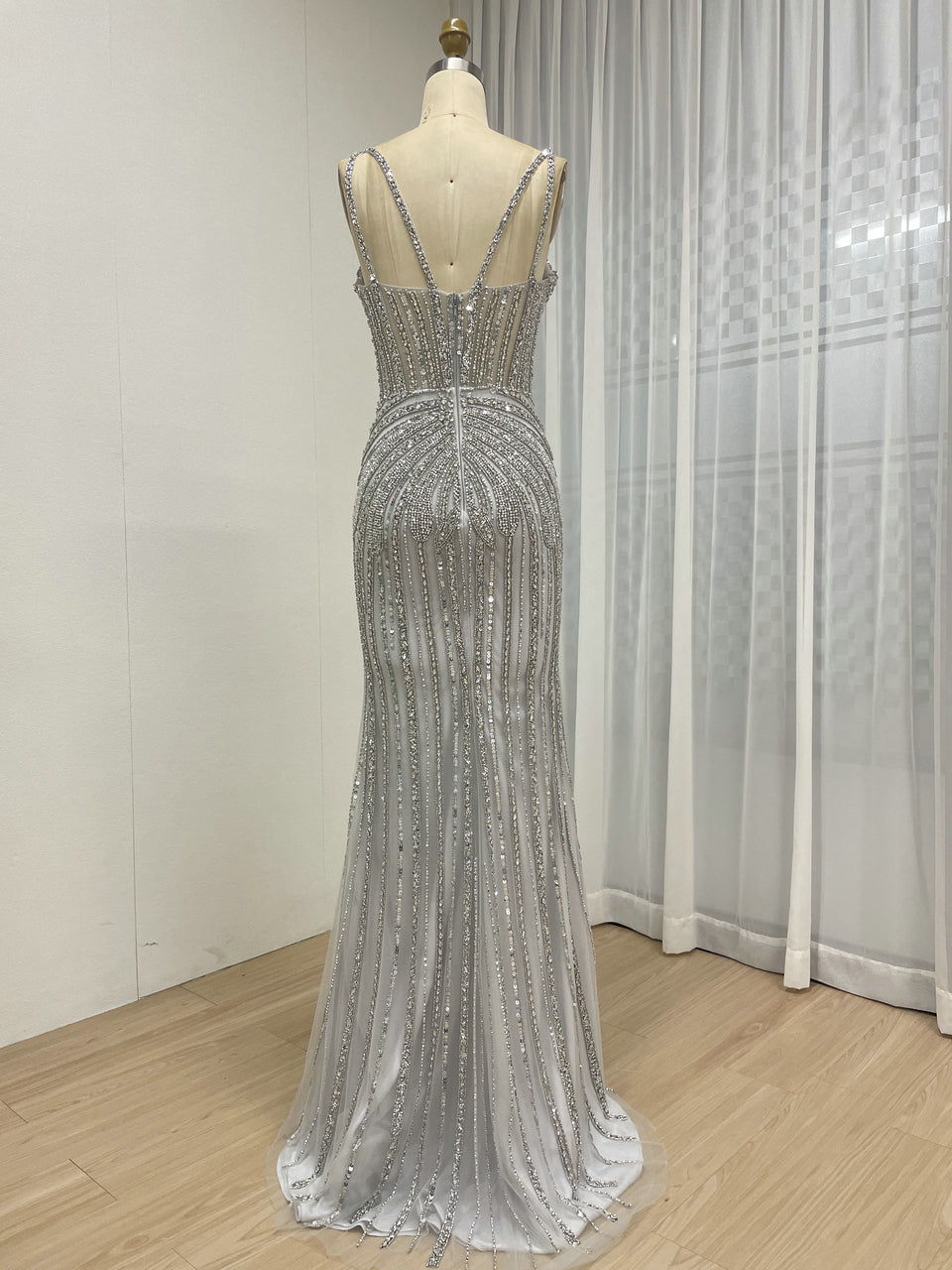 Luxury Silver Gray Beaded Mermaid Evening Dress with Detachable Tulle Overskirt MY30161