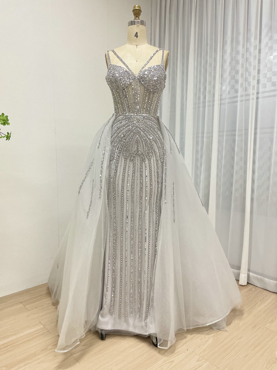 Luxury Silver Gray Beaded Mermaid Evening Dress with Detachable Tulle Overskirt MY30161