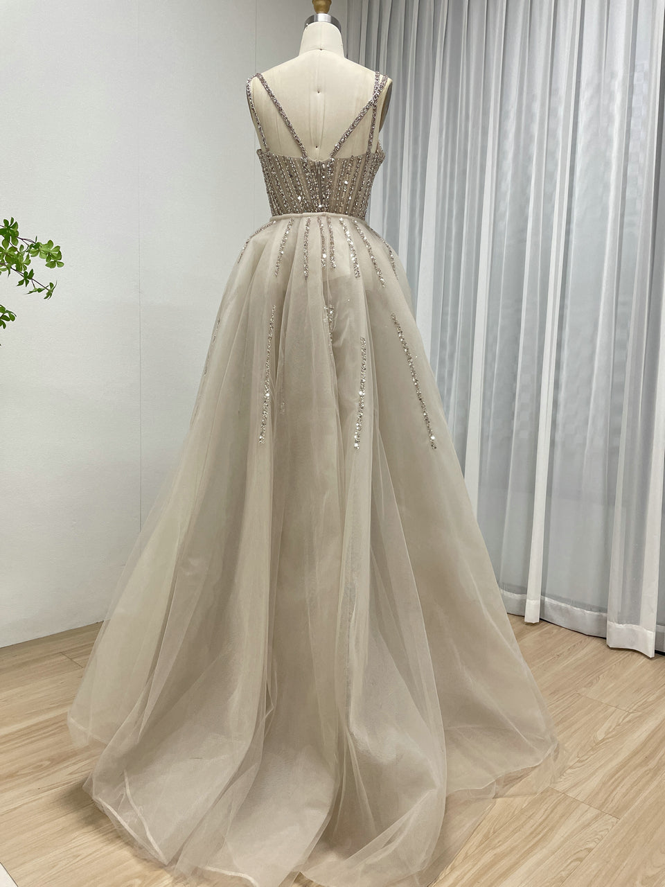 Silver Beaded Illusion Evening Gown with Sheer Tulle Overskirt MY30161