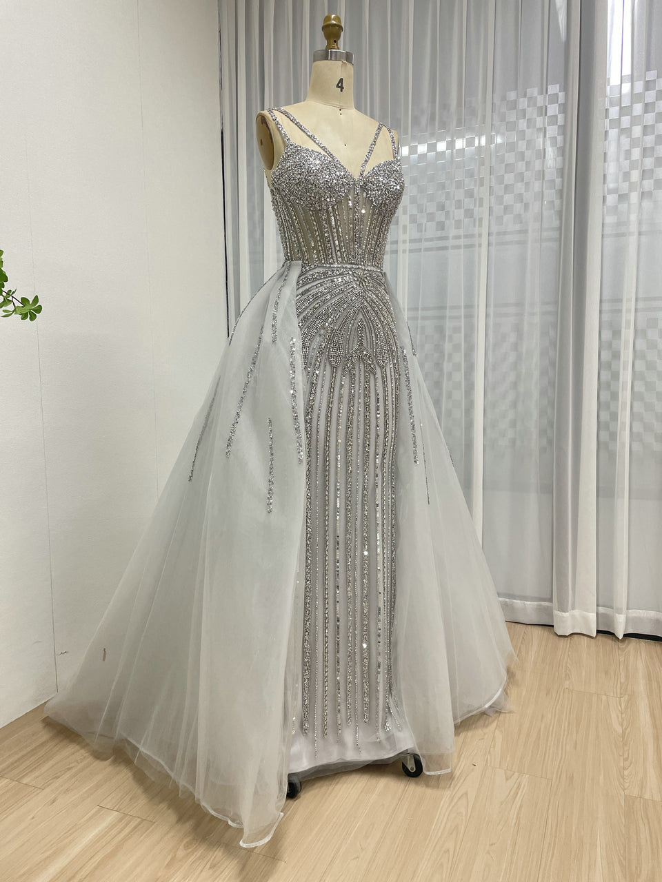 Luxury Silver Gray Beaded Mermaid Evening Dress with Detachable Tulle Overskirt MY30161