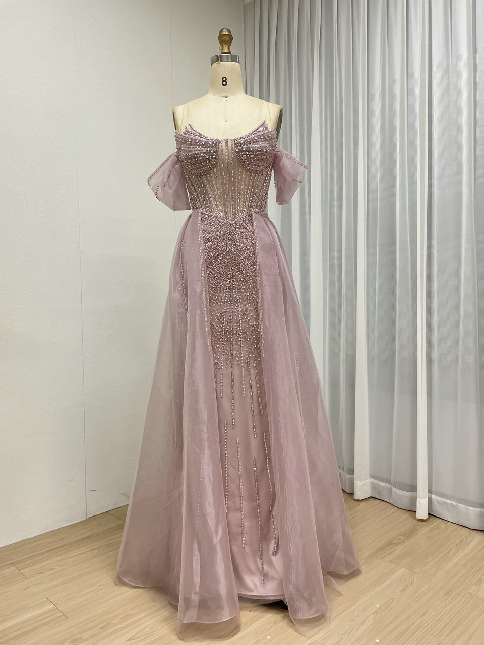 Elegant Pink Beaded Off-Shoulder Corset Evening Dress MY30163