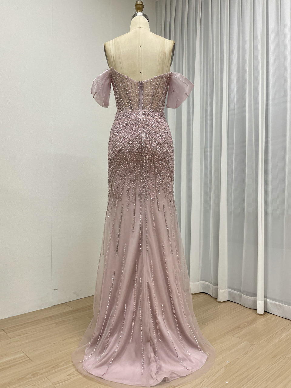 Elegant Pink Beaded Off-Shoulder Corset Evening Dress MY30163