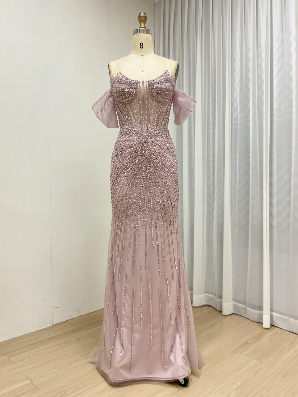 Elegant Pink Beaded Off-Shoulder Corset Evening Dress MY30163