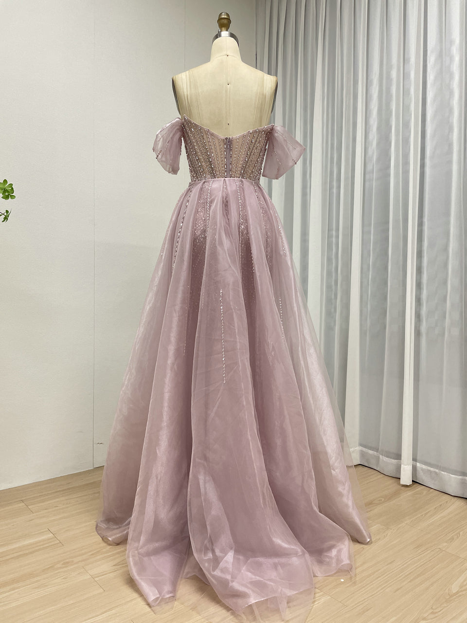 Elegant Pink Beaded Off-Shoulder Corset Evening Dress MY30163