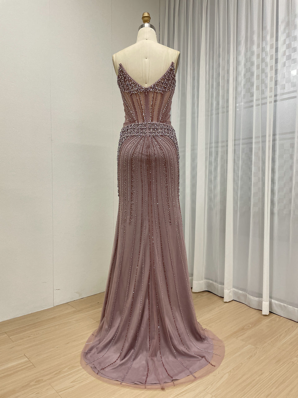 Intricate Beaded Formal Gown with Off-Shoulder and Detachable Sleeves MY30164