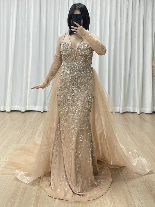 Champagne Mermaid Beaded Dress with Ruffled Tulle Overlay MY30165