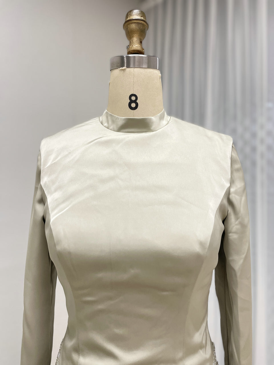 Elegant Long Sleeve Beaded Evening Dress with Satin Top MY30166