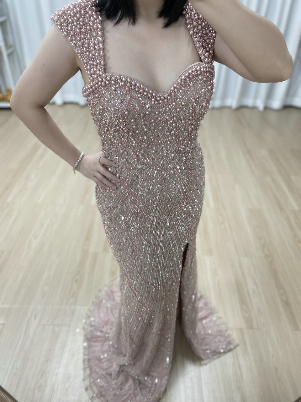 New Arrival Rhinestone Slit Prom Dress Mermaid Pink Beaded Off-Shoulder Evening Gown MY30167