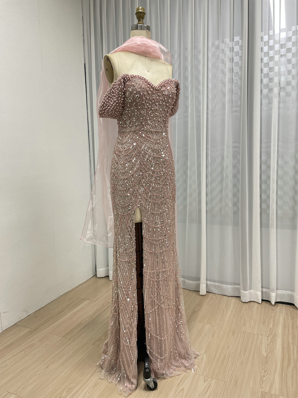 New Arrival Rhinestone Slit Prom Dress Mermaid Pink Beaded Off-Shoulder Evening Gown MY30167