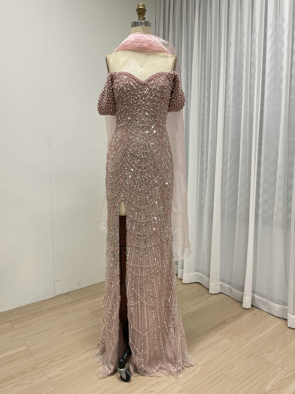 New Arrival Rhinestone Slit Prom Dress Mermaid Pink Beaded Off-Shoulder Evening Gown MY30167