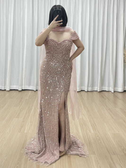 New Arrival Rhinestone Slit Prom Dress Mermaid Pink Beaded Off-Shoulder Evening Gown MY30167