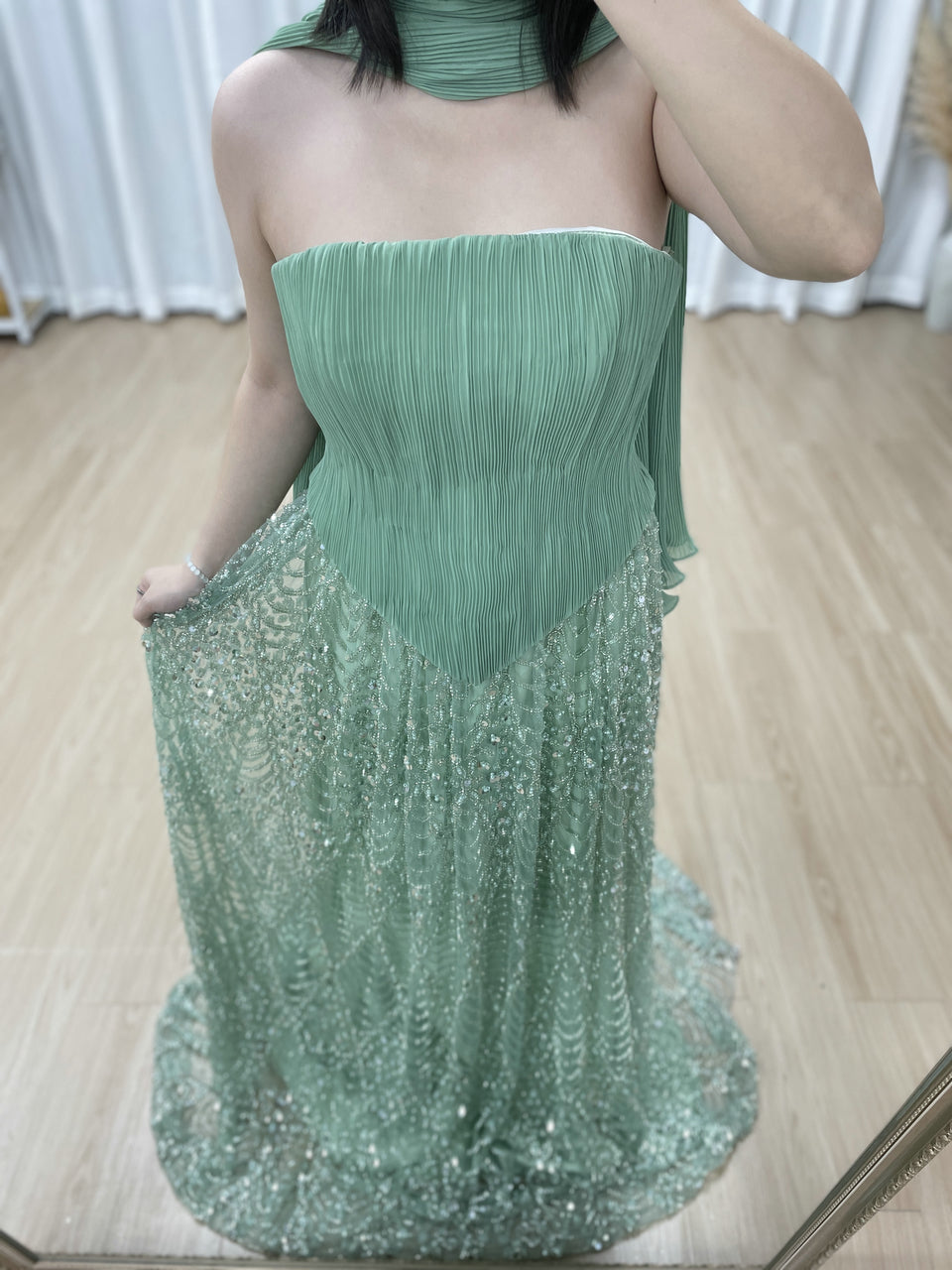 Green Strapless Pleated A-Line Formal Gown with Scarf MY30168