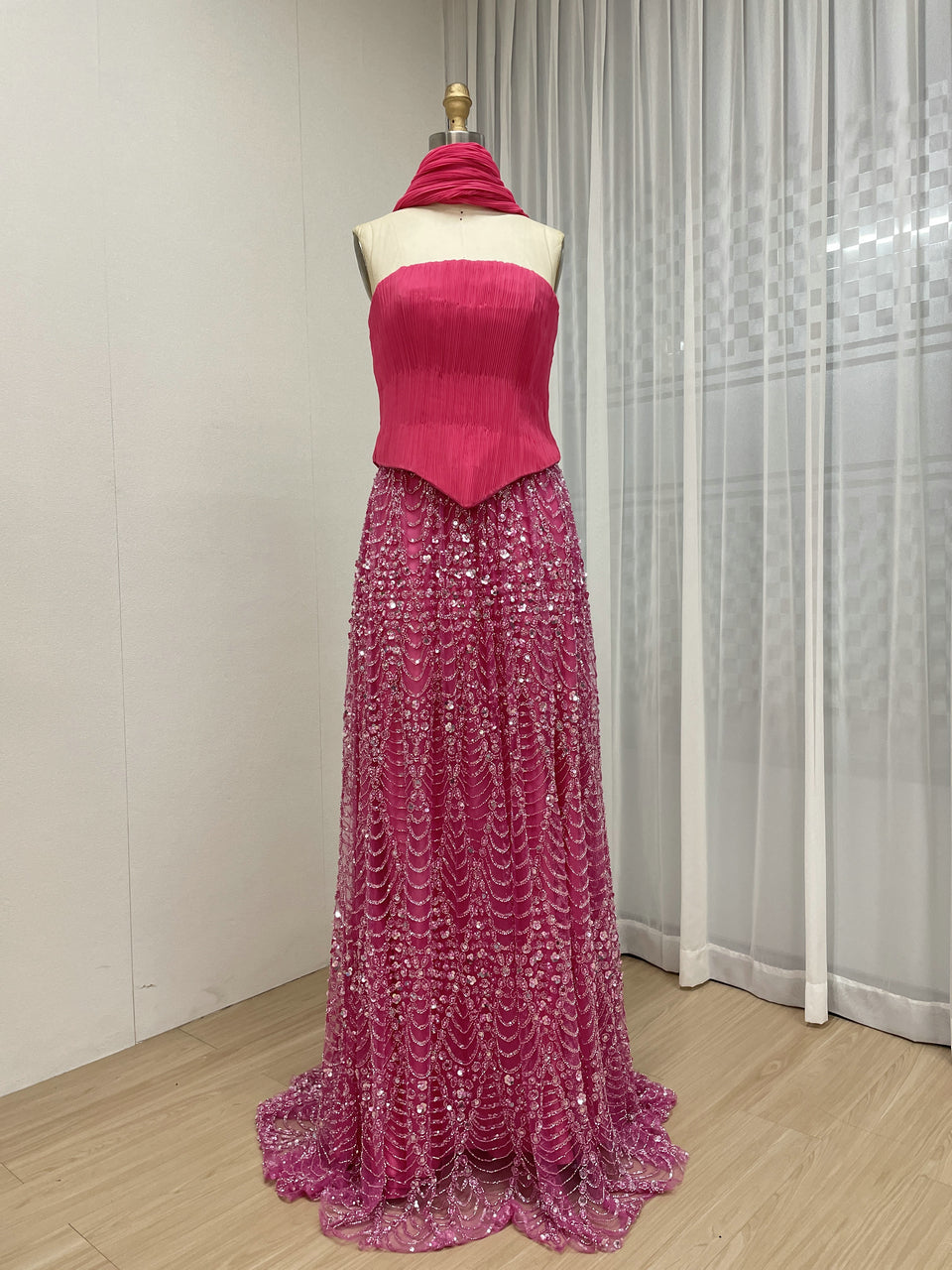Green Strapless Pleated A-Line Formal Gown with Scarf MY30168