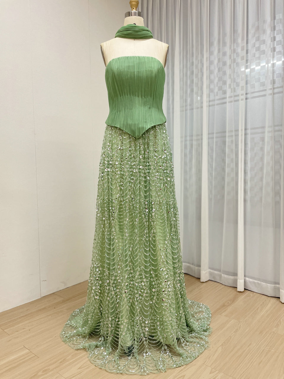 Green Strapless Pleated A-Line Formal Gown with Scarf MY30168