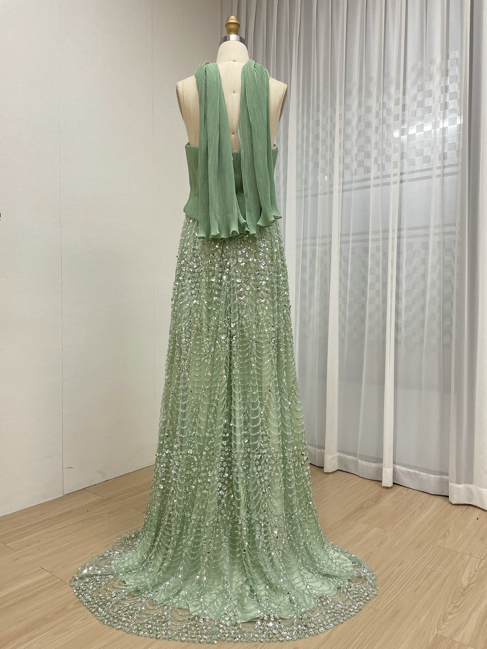 Green Strapless Pleated A-Line Formal Gown with Scarf MY30168